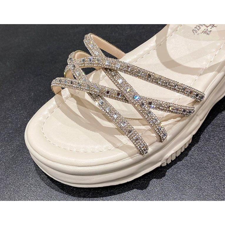 Dép Sandal Đế Dày Phẳng Dày Đính Đá Thời Trang Mùa Hè Hàn Quốc Dành Cho Nữ