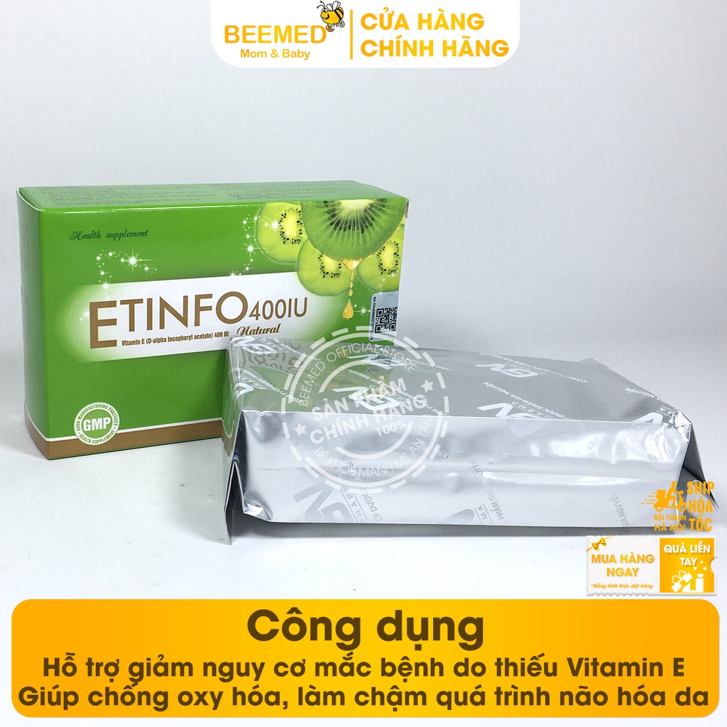 Viên uống Vitamin E 400 IU - bổ sung vitamin E tự nhiên, giúp ngăn ngừa lão hóa, đẹp da - Etinfo Hộp 30 viên