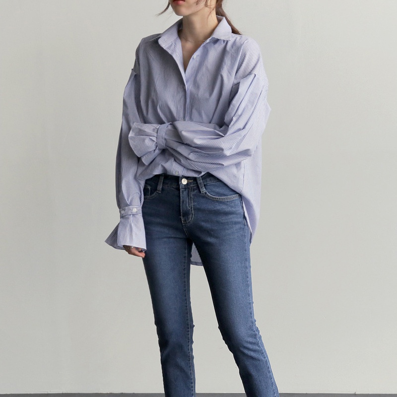 Áo sơ mi FONKEN tay phồng kẻ sọc phong cách Hàn Quốc cho nữ