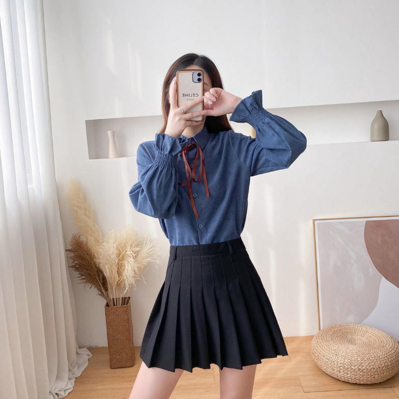 Áo Sơ Mi Tay Dài Cổ Thắt Nơ Xinh Xắn Phong Cách Hàn Quốc Cho Bạn Gái