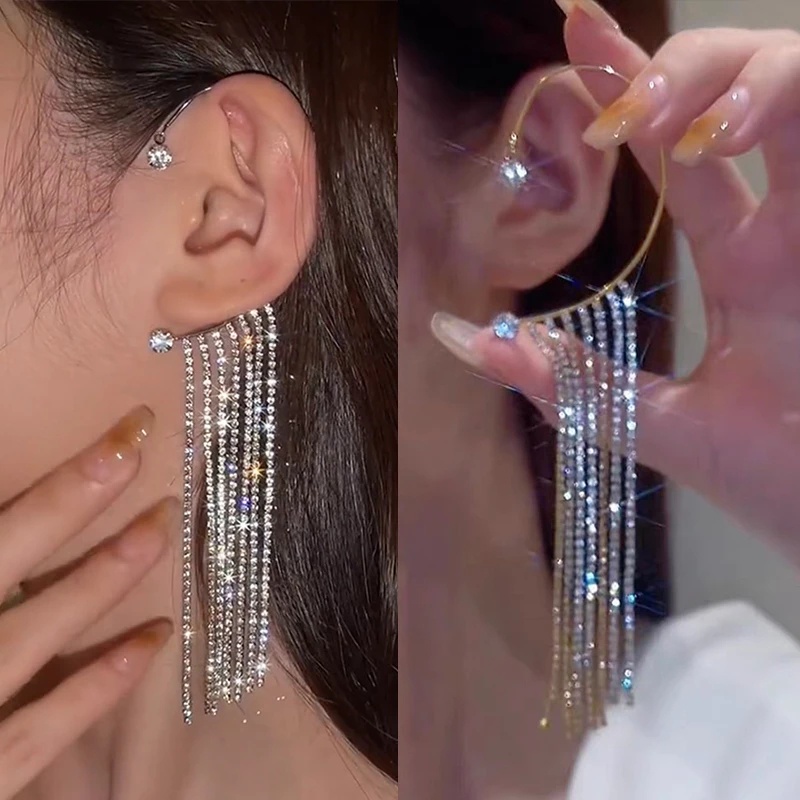 Khuyên tai tua rua đính đá pha lê sang trọng dành cho phái nữ
