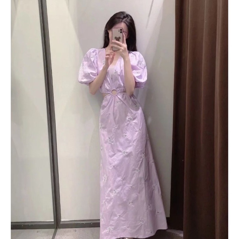ĐẦM DÀI THÊU HOA KHOÉT EO TAY BỒNG NGẮN HÀNG XUẤT XỊN ZR TÍM THÊU HOA