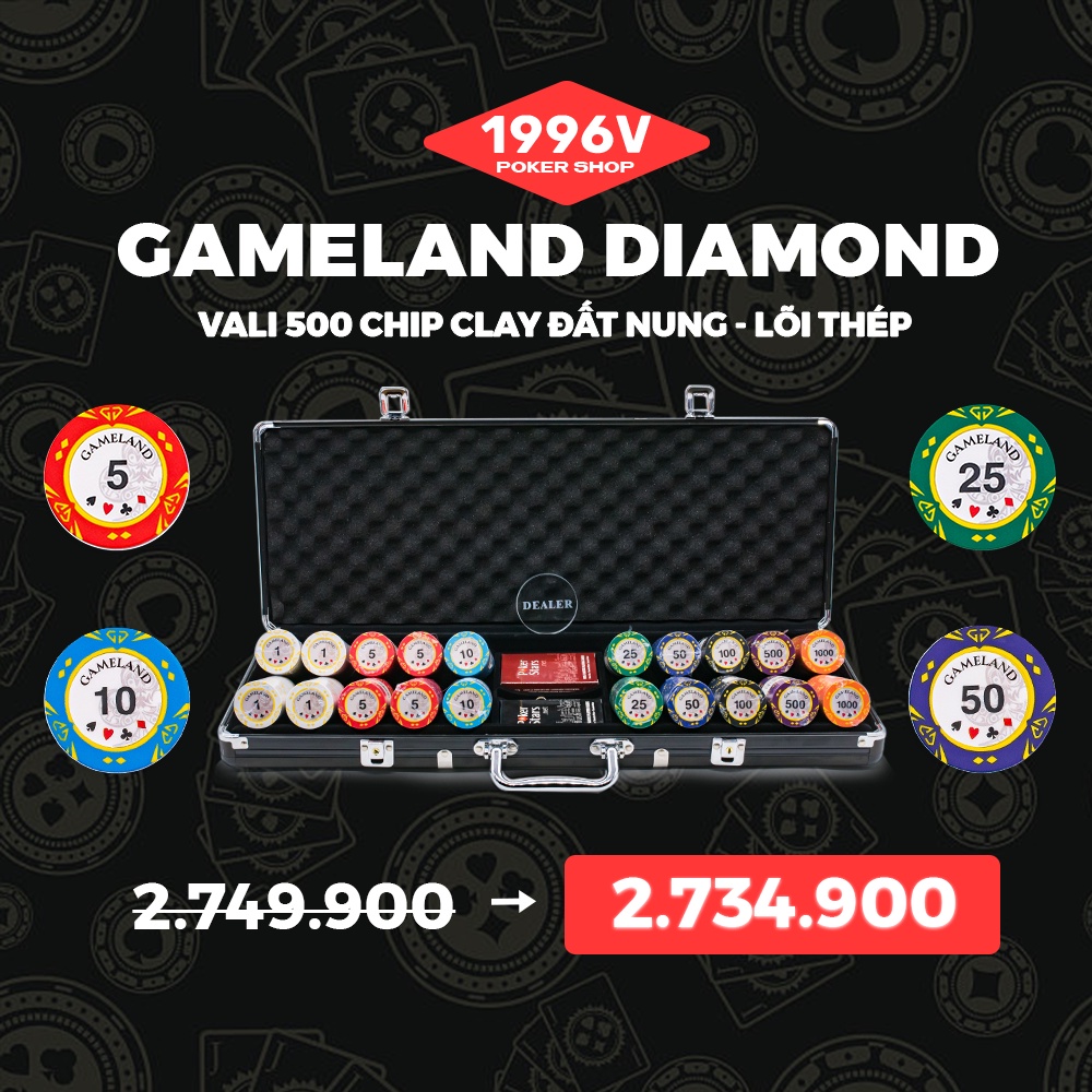 Vali 500 chip Poker có số, phỉnh poker Gameland Diamond chip set Pocker đất nung - 1996V Poker Shop