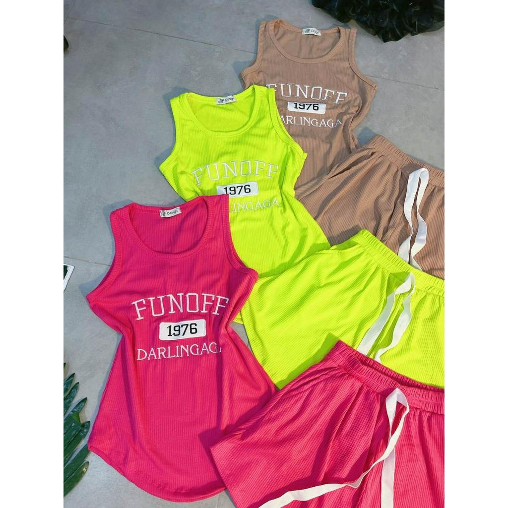Đồ bộ nữ, set đồ bộ quần đùi ống rộng có túi kèm áo ôm 3 lổ lai bầu cổ tròn thêu chữ, bộ đồ ngố mặc ở nhà nữ