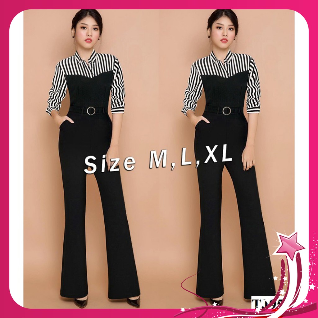 Đồ Bay Dễ Thương 🎁FREESHIP🎁Giảm 45k Khi Mua Đơn Từ 500k - Jumpsuit dáng dài ống loe cổ sơ mi kẽ sọc thắt belt TJ955
