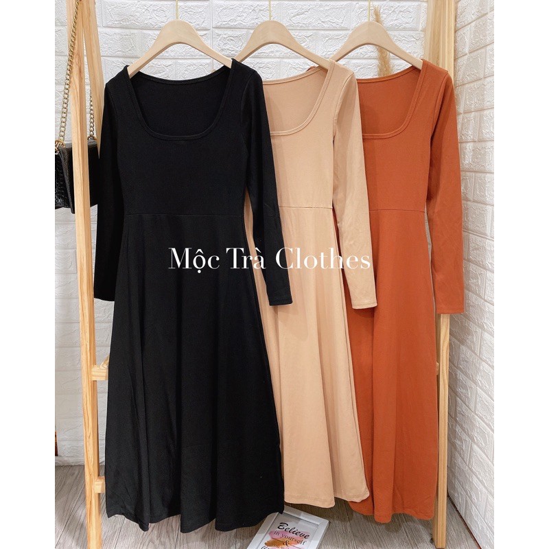 K] 🎀RẺ VÔ ĐỊCH🎀 Váy Xoè Cổ Vuông Tiểu Thư Siêu Xinh, Đầm Thun Maxi Dài Tay Cao Cấp