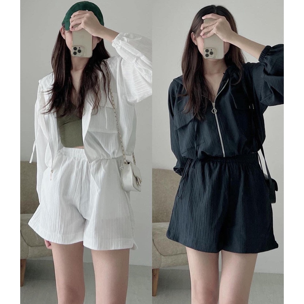 Set Đồ Bộ nữ Chất Liệu Đũi Nhăn FreeShip Áo Khoác Kèm Quần Đùi Phong Cách Hàn Quốc