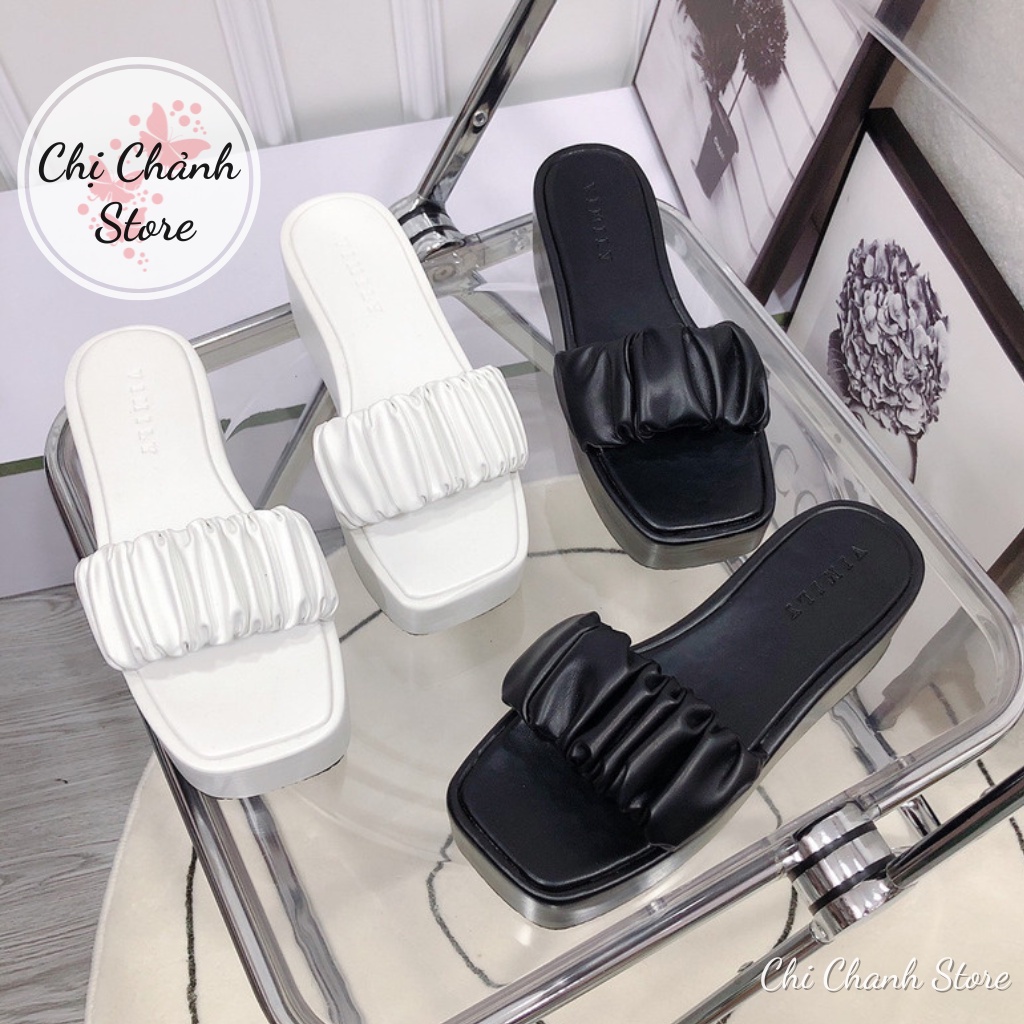 Dép Xuồng Đế Bánh Mì 7p Bọc Full Quai Ngang Nhúm Nhẹ Lên Chân Cực Xinh - 2 Màu Đen Trắng Chị Chảnh Store S10
