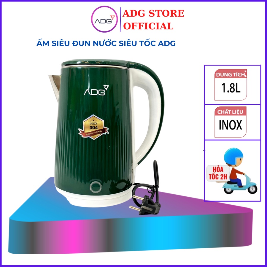 Ấm siêu tốc, ấm đun nước inox hàng chính hãng ADG Việt Nam 1.8 Lít 2 lớp - Đun sôi cực nhanh