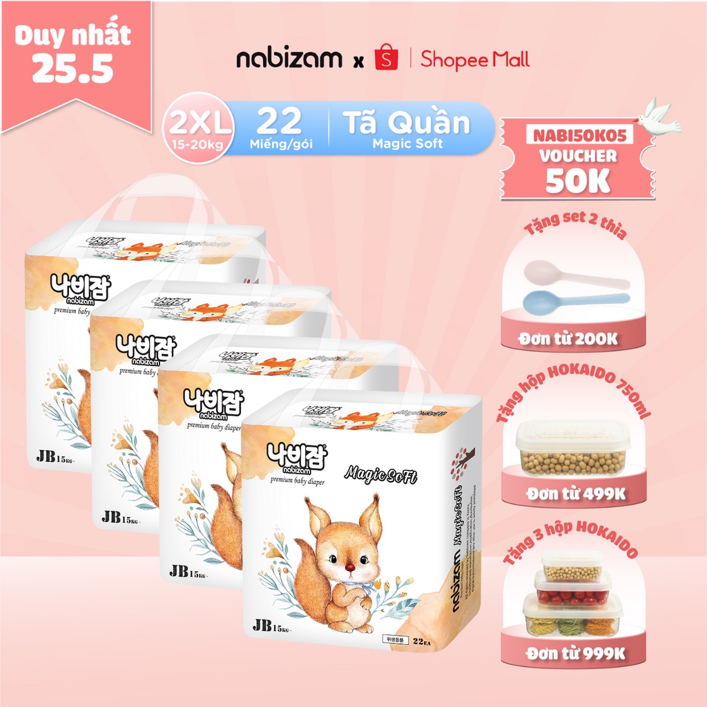 COMBO 4 Bịch Tã/Bỉm Quần NABIZAM Magic Soft Nội Địa Hàn Cao Cấp, Khô Thoáng Hiệu Quả Size 2XL Cho Bé Trên 15kg,22 Miếng