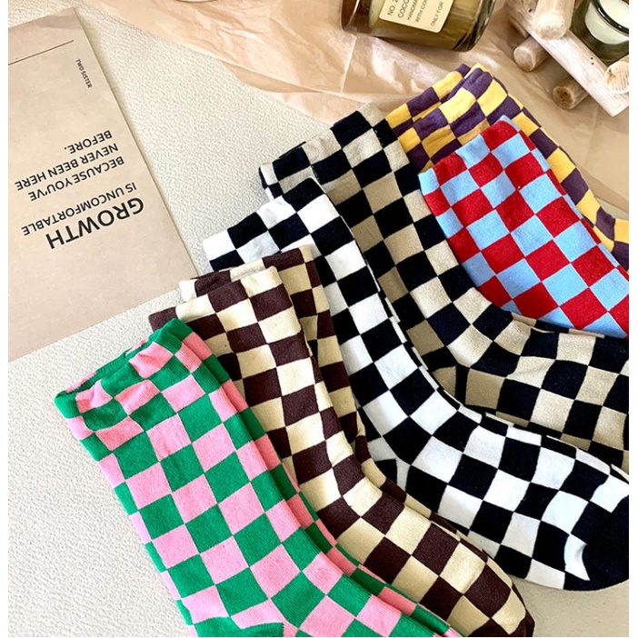 Vớ cotton Cổ Trung Thoáng Khí In Họa Tiết Caro Phong Cách Hàn Quốc Thời Trang Thu Đông Cho Học Sinh