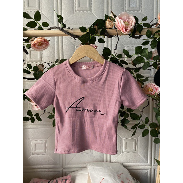 Áo Croptop Tay Ngắn Cổ Tròn Thun Gân Thêu Chữ Amour Trắng Đen Vàng Nude Hồng DRACR75