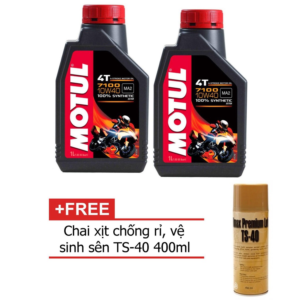 Bộ 2 bình nhớt Motul 7100 4T 10W50 1L + tặng kèm chai xịt vệ sinh sên TS-40