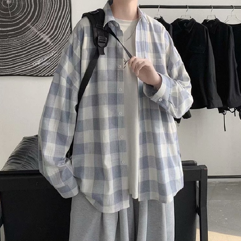 Áo sơ mi tay dài dáng rộng họa tiết sọc caro phong cách Hàn Quốc cho nam size M-3XL