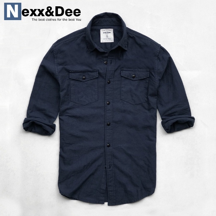 Áo sơ mi nam tay dài Nexx&Dee trắng hai túi công sở vải oxford denim jean cao cấp NS012