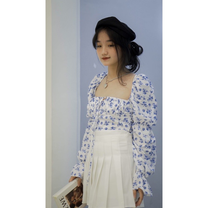 Áo croptop trễ vai hoạ tiết hoa nhí xinh xắn cho nữ