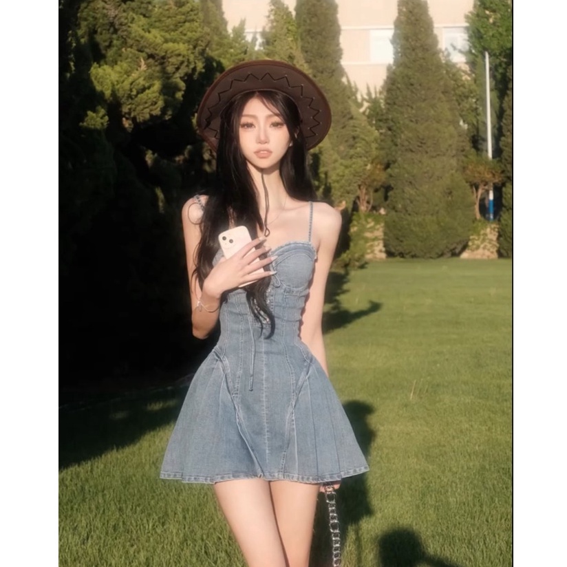 JV002 Váy bò 2 dây xếp ly sexy tôn dáng bó eo rút dây siêu đẹp vai trần nhấn eo Sẵn IB Giảm 30K