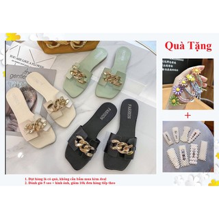 Dép Lê Quai Ngang Phối Xích Kim Loại Sang Trọng, Dép Lê Phong Cách Hàn Quốc