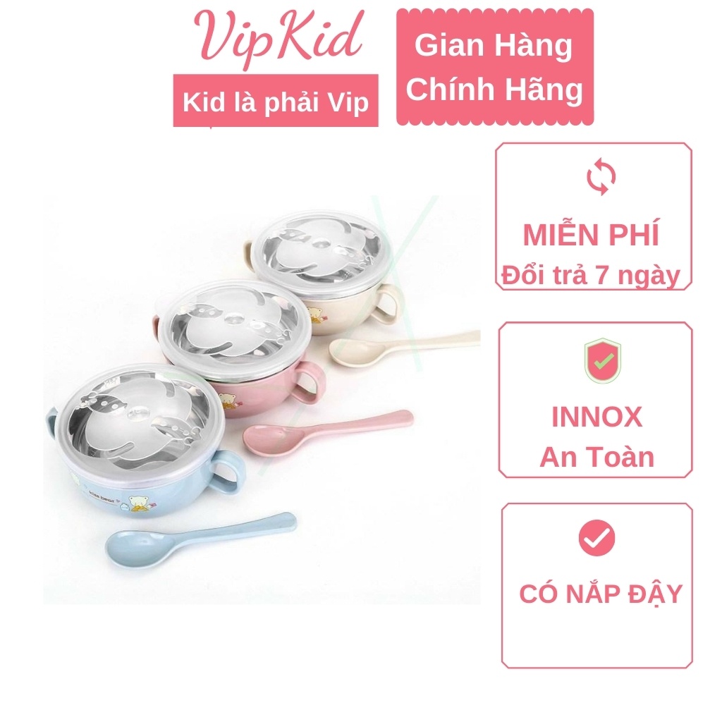 Bát ăn dặm cho bé inox Kiss Bear 2 lớp Cách Nhiệt Tặng Kèm Thìa Tập Xúc - VIPKID