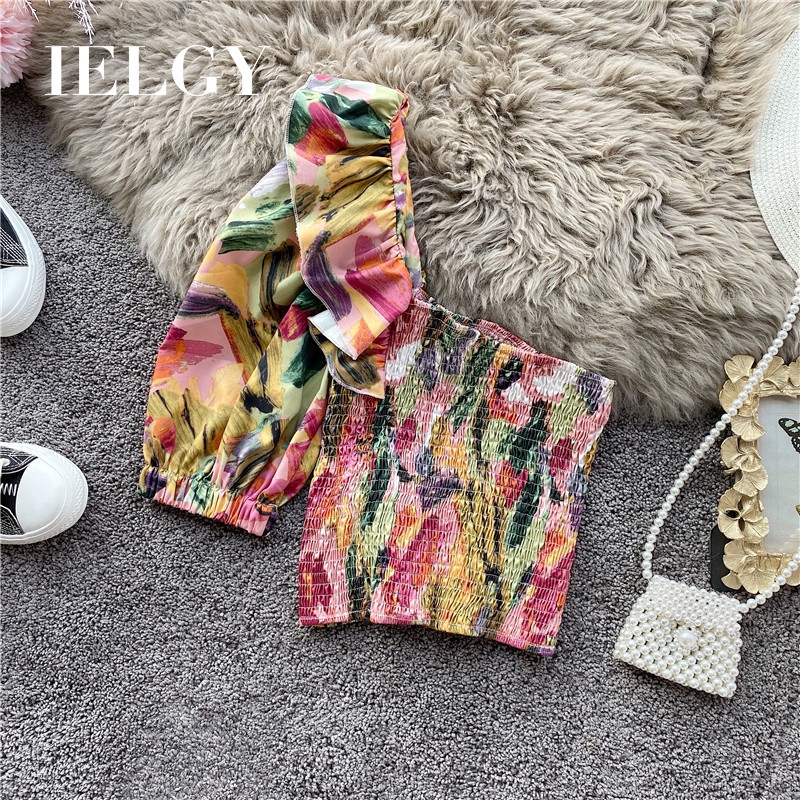 IELGY Áo chiffon Tay Phồng Trễ Vai Phối Bèo In Họa Tiết Trái Tim Gợi Cảm