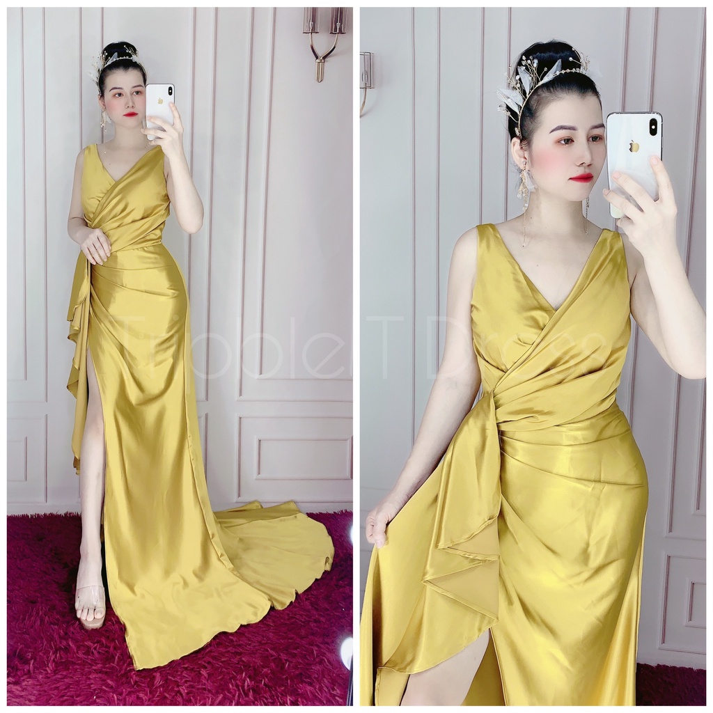 Đầm maxi dạ hội dự tiệc cổ V xẻ đùi nhún bèo eo sang trọng TRIPBLE T DRESS -Size M/L( ảnh/video thật) MS134Y