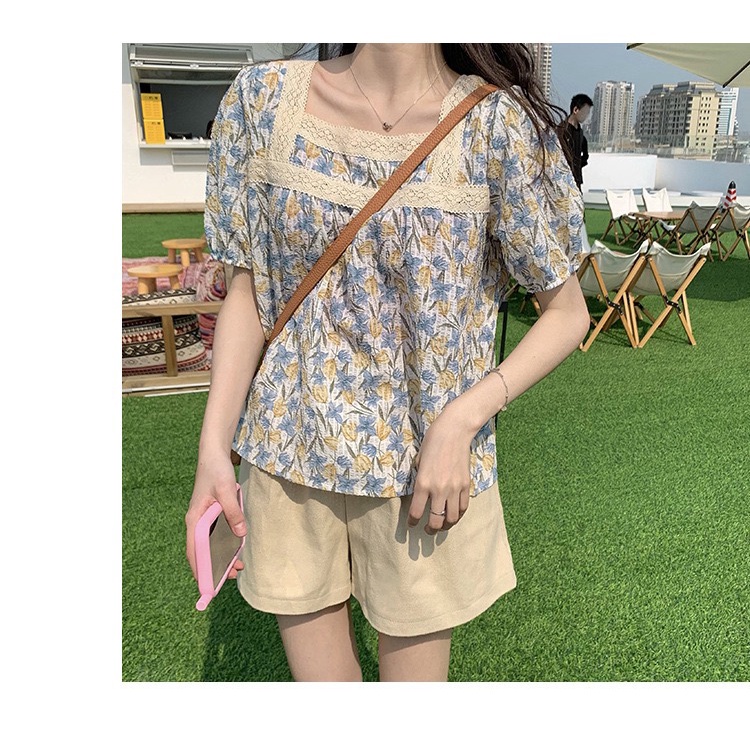 MS258 Áo babydoll hoa nhí cổ vuông phối ren siêu xinh