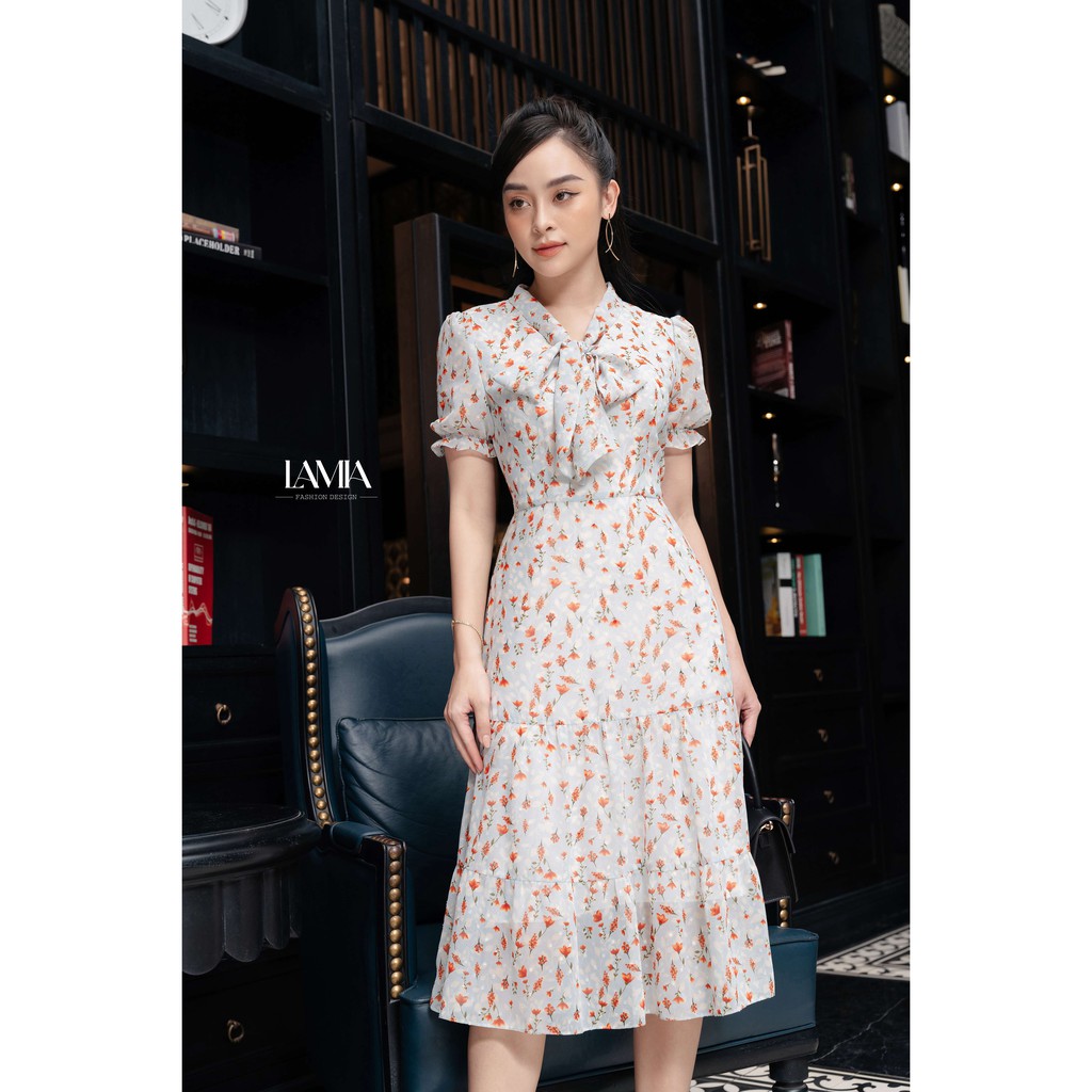 Đầm công sở nữ dáng xòe phối cổ thắt nơ Lamia Design LD095
