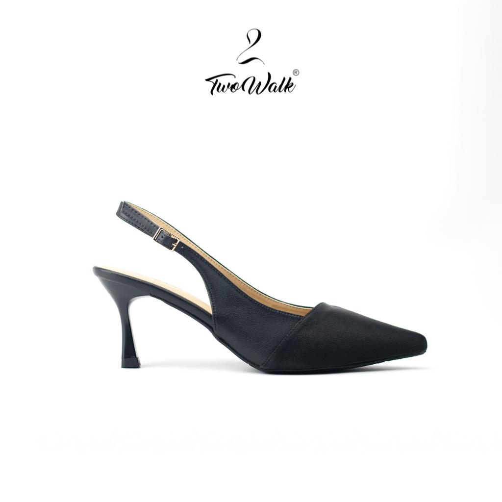 TWOWALK: First Light - Giày Nữ Cao Gót Mũi Nhọn Da Microfiber và Satin Cao Cấp - Màu Kem/ Đen - 7cm