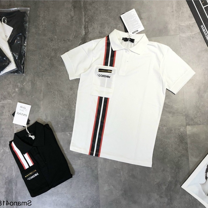 Áo polo túi khóa chạy sọc BIGOMALL - Áo phông cổ bẻ nam nữ unisex form rộng 65kg