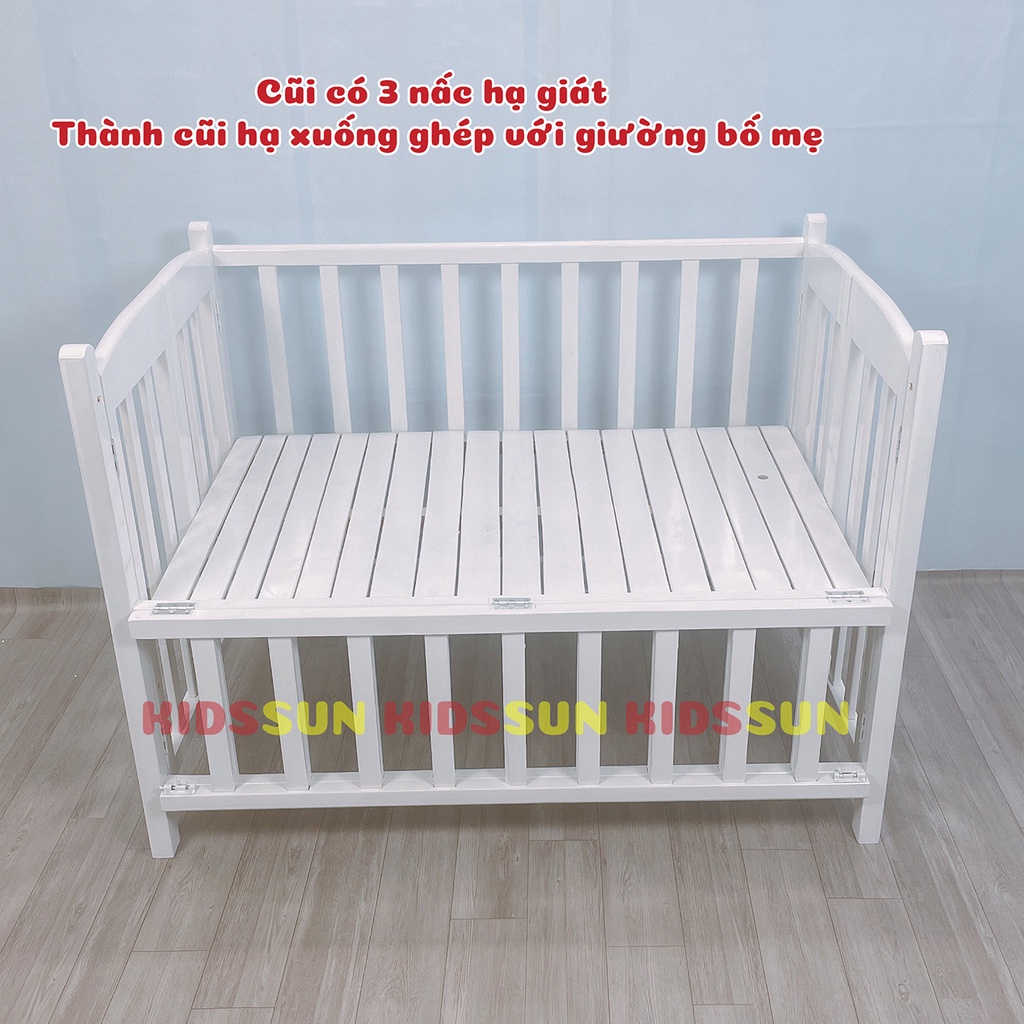 [Combo 3] Cũi Trẻ Em Nôi Cũi Gỗ Quế Màu Trắng [120x80x96cm] Kèm Bánh Xe Tiện Di Chuyển Chịu Lực 60kg Bảo Hành 24 Tháng