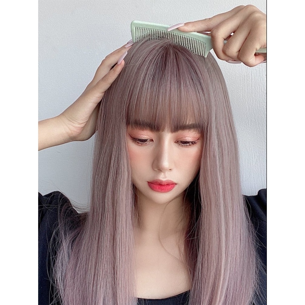 Tóc giả nguyên đầu thằng lỡ màu hồng khói 45cm, tặng wig