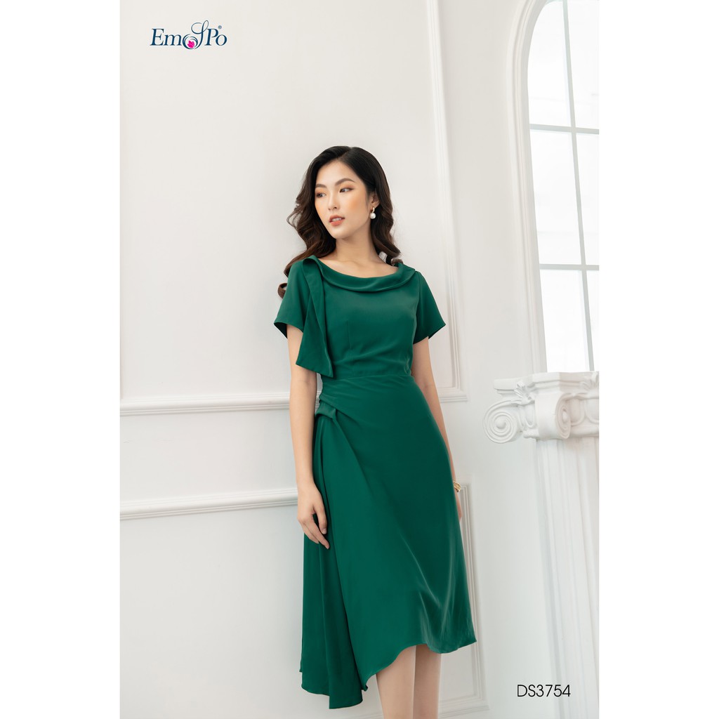 Đầm xòe vạt xéo, cổ thuyền có viền thả Emspo DS3754 (Be , Xanh)