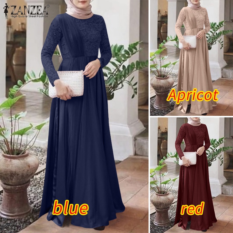 Đầm maxi Zanzea dài tay phối ren có khóa kéo thời trang dành cho nữ