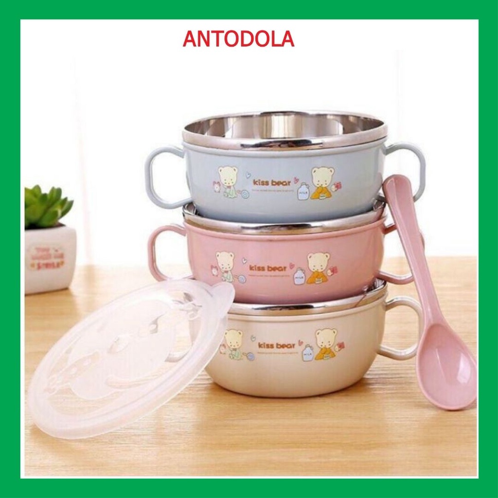 Bát Ăn Dặm Inox 2 lớp Cách Nhiệt Cho Bé Có Tay Cầm Nắp Đậy Kèm Thìa Muỗng, Chén ăn cháo, Bát Ăn Cơm