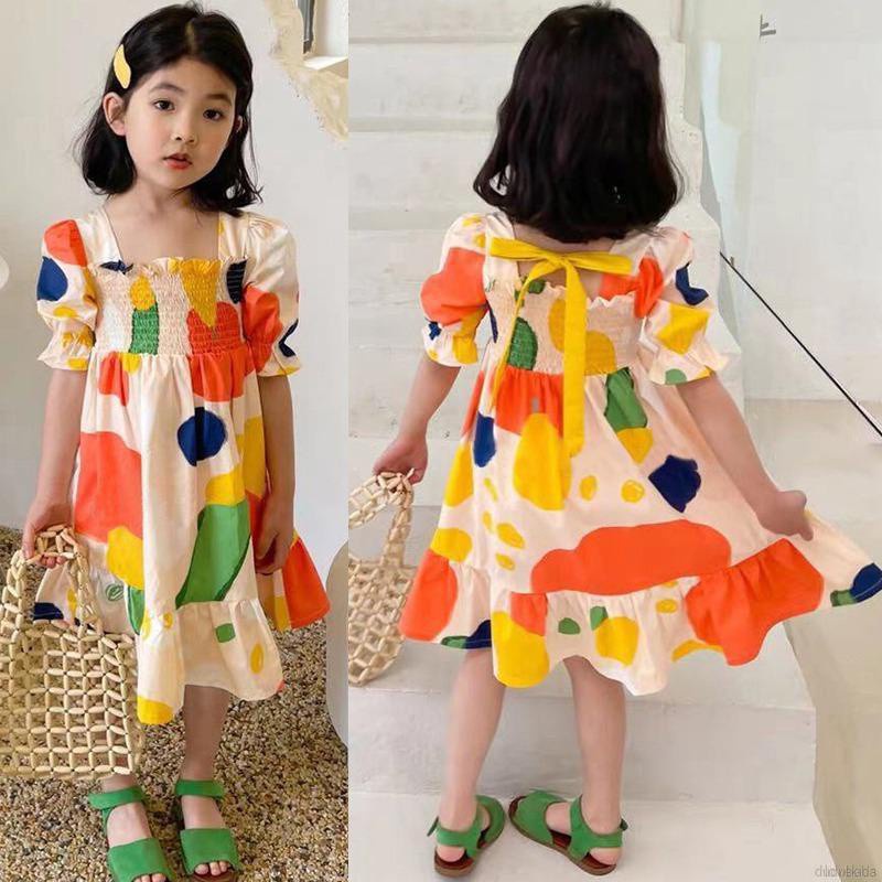 Váy cổ vuông tay phồng in họa tiết xinh xắn phong cách Hàn Quốc dành cho bé gái
