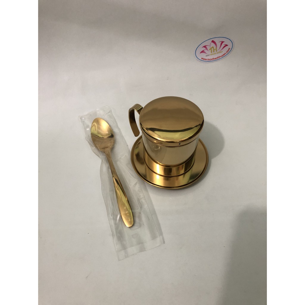Bộ Phin cafe vàng titan inox 304 cao cấp sáng bóng gồm 1 muỗng 1 phin 6.5cm