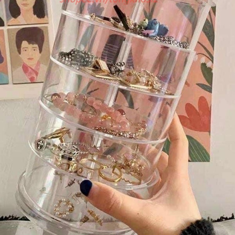 (CAO CẤP) Kệ Đựng Đồ Trang Sức, Khay Đựng Mỹ Phẩm, Đồ Dùng Cá Nhân Xoay 360 Tròn 5 Tầng Mê Ka Trong Suốt T2