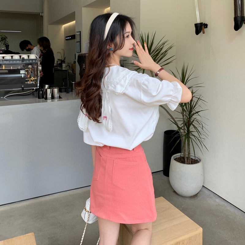 【ZHELIHANGFEI】Áo Sơ Mi Tay Ngắn Cổ Búp Bê Đính Tai Thỏ Kiểu Nhật Bản Dễ Phối Đồ