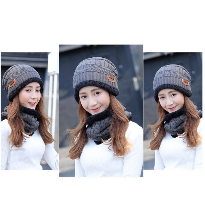 Mũ len nam nữ kèm khăn quàng cổ lót lông Hàn Quốc