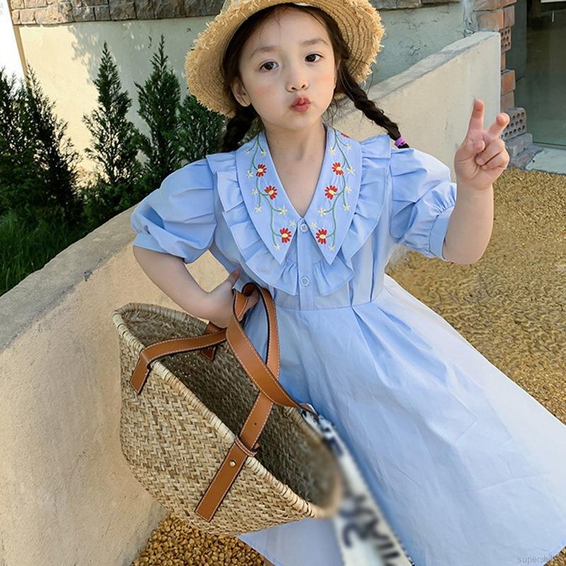 Váy tay phồng thêu hoa đáng yêu xinh xắn dành cho bé gái 2-7 tuổi