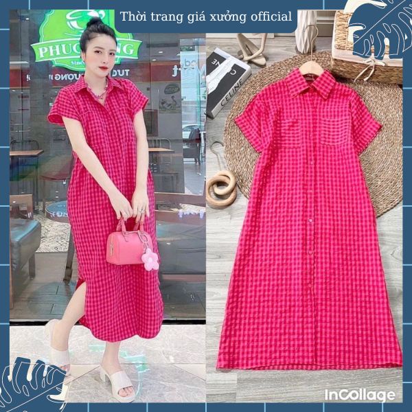 Đầm sơ mi cộc tay phối sọc họa tiết kẻ caro nữ tính