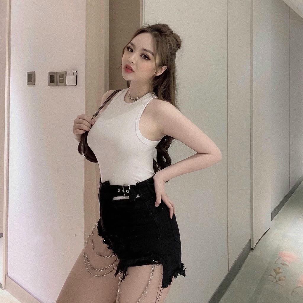 [ảnh thật Áo yếm cổ lọ thun gân phía sau cài nút ngọc