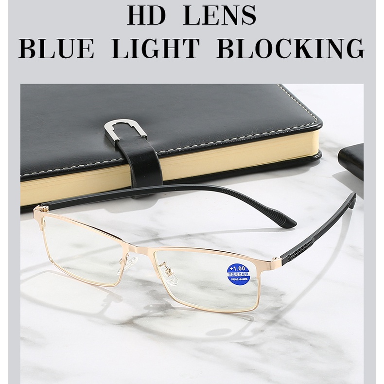 Kính đọc sách chống ánh sáng xanh cho nam mới Chất liệu khung kim loại chất lượng cao Kính đọc bảo vệ bức xạ + 100°(+1.00), +150°(+1.50), +200°(+2.00), +250°(+2.50), +300°(+3.00),