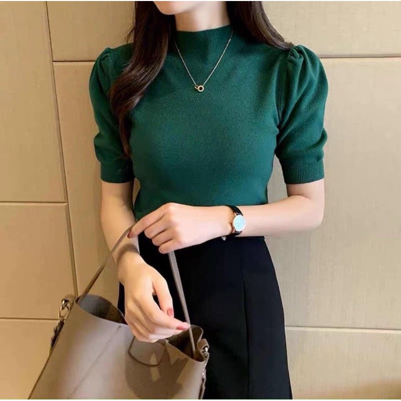 Áo thun gân len cổ lọ tay phồng, Áo crop top cổ lọ ngắn tay màu trơn thời trang