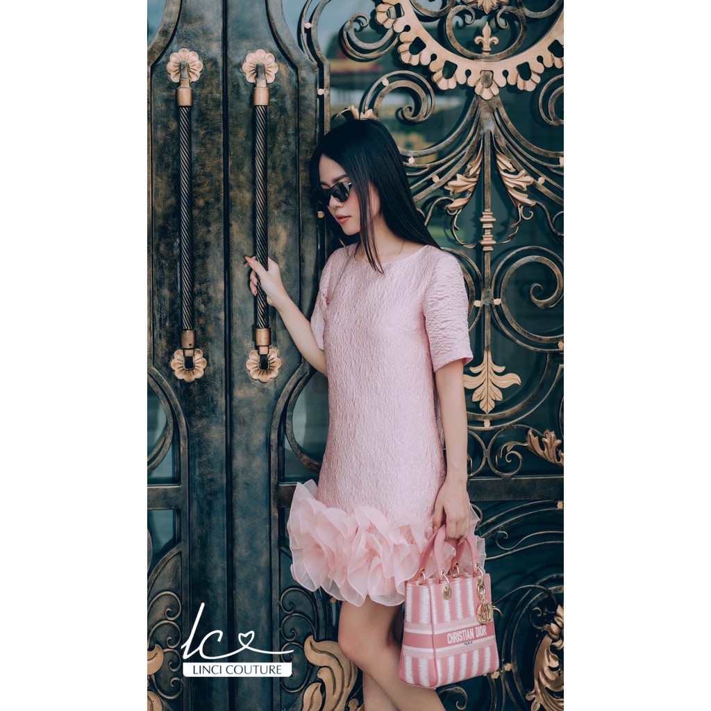 Váy grazia dress màu hồng phấn dáng suông phối organza nhún đuôi váy