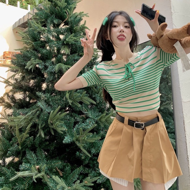 【ZHELIHANGFEI】Áo Thun Tay Ngắn Hoạ Tiết Kẻ Sọc Thiết Kế Cột Dây Quyến Rũ Hợp Thời Trang