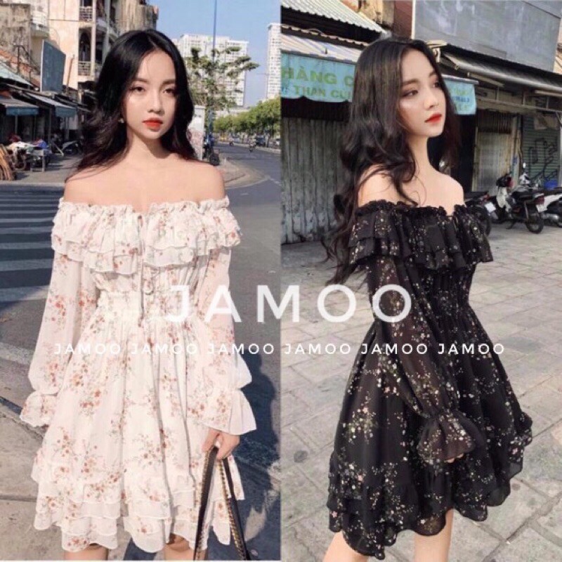 Váy hoa nhí siêu xinh _ Đầm hoa nhí trễ vai hai màu JAMOO (hình shop tự chụp/sẵn)