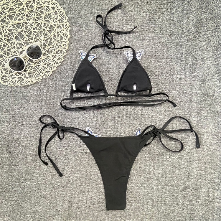 SET BIKINI ĐEN MIX HỒ ĐIỆP XANH CUTOUT CHÂN NGỰC