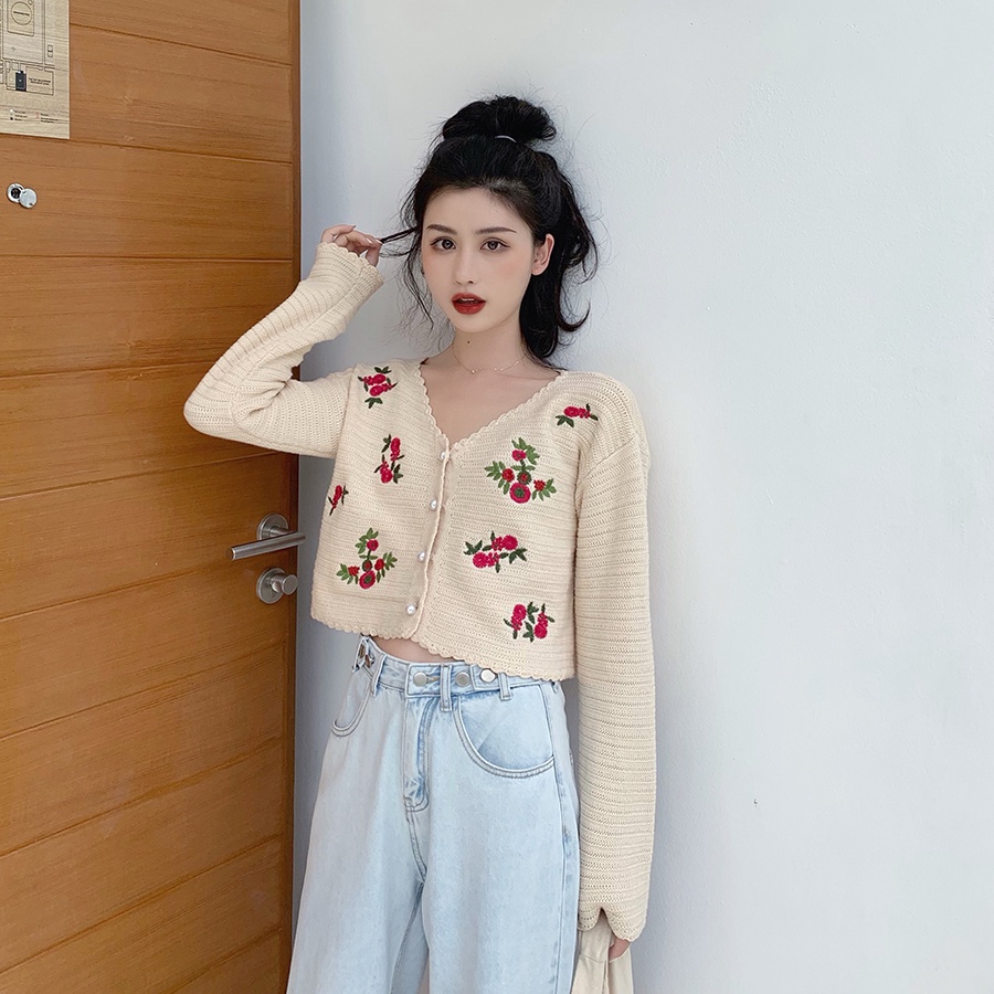Porozi Áo khoác cardigan  dệt kim tay dài dáng ngắn thêu họa tiết phong cách xinh xắn thời trang Hàn Quốc cho nữ