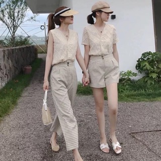 Set Quần Kẻ Áo Ren